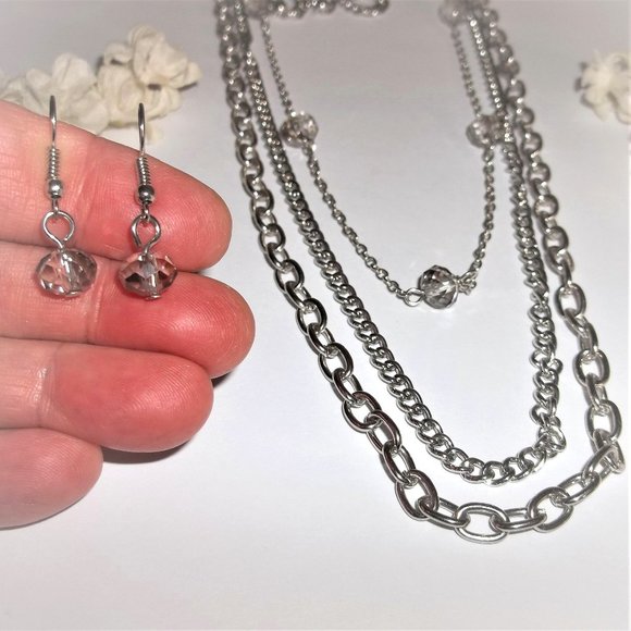 Fashion Jewelry Jewelry Jewelry Set Long Necklace And Earrings Beaded Gray Silver Layered